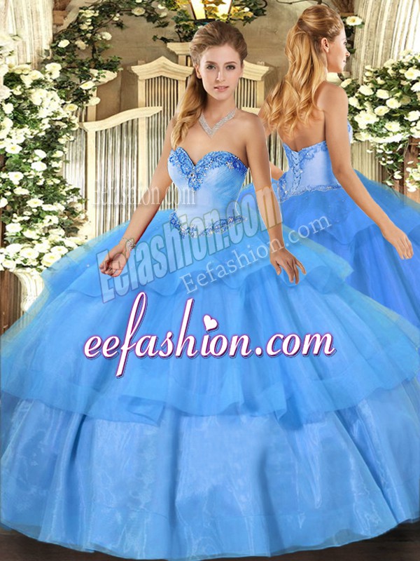 Custom Fit Tulle Sleeveless Floor Length Sweet 16 Quinceanera Dress and Beading and Ruffled Layers