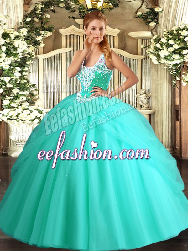  Apple Green Tulle Lace Up Straps Sleeveless Floor Length Sweet 16 Dresses Beading and Pick Ups