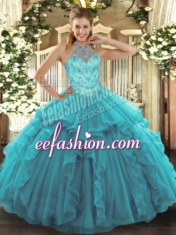  Floor Length Ball Gowns Sleeveless Teal Quinceanera Dress Lace Up