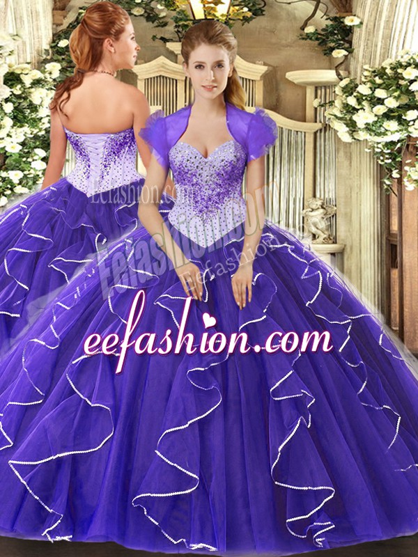  Purple Tulle Lace Up Sweetheart Cap Sleeves Floor Length Sweet 16 Quinceanera Dress Beading