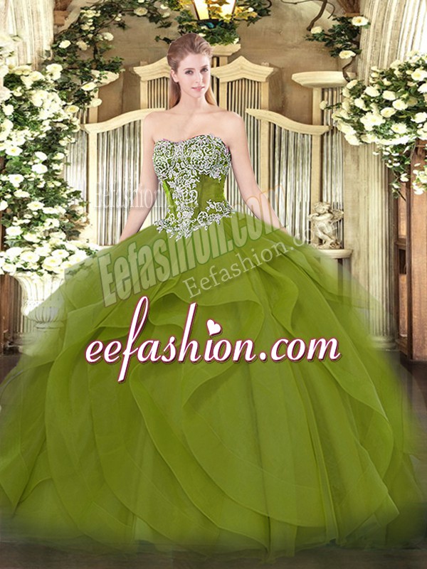 Customized Olive Green Sweet 16 Quinceanera Dress Military Ball and Sweet 16 and Quinceanera with Beading and Ruffles Strapless Sleeveless Lace Up