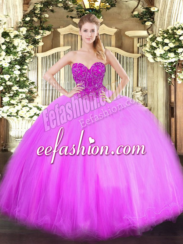 Free and Easy Lilac Ball Gowns Beading 15 Quinceanera Dress Lace Up Tulle Sleeveless Floor Length