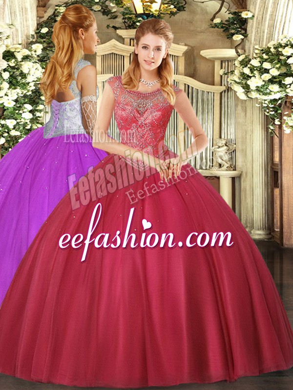 Gorgeous Coral Red Lace Up Scoop Beading Quinceanera Gowns Tulle Sleeveless
