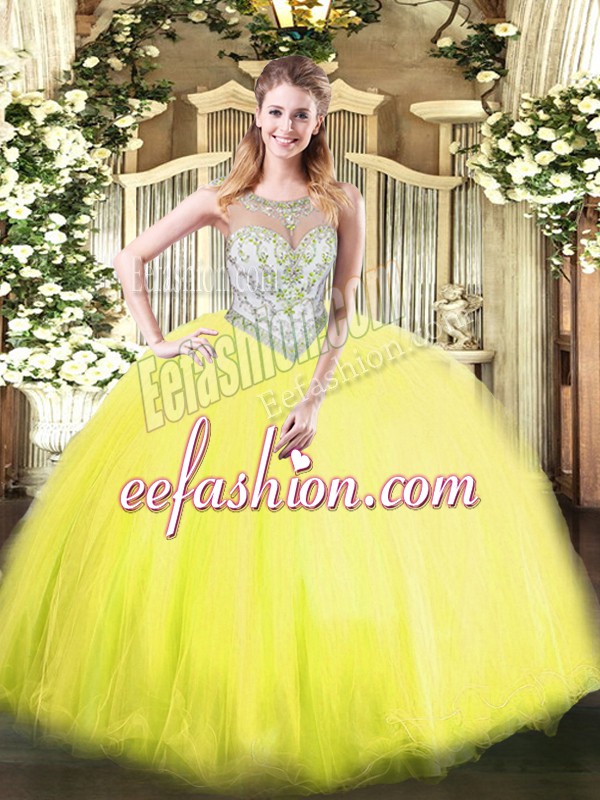 Designer Yellow Green Tulle Zipper Sweet 16 Quinceanera Dress Sleeveless Floor Length Beading