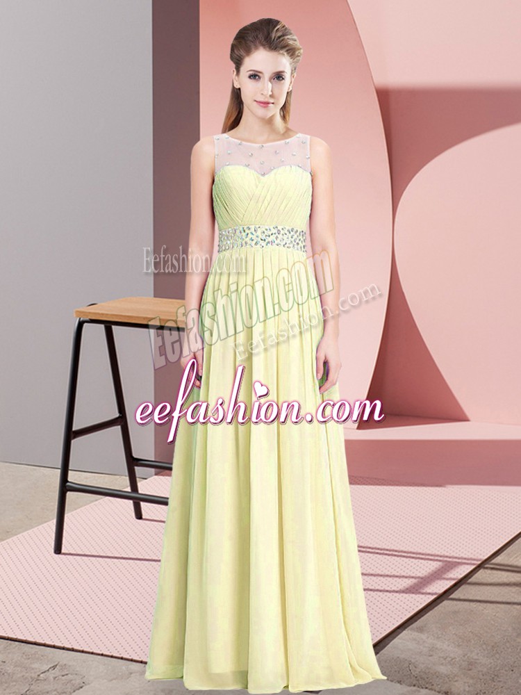 Sophisticated Light Yellow A-line Chiffon Scoop Sleeveless Beading Floor Length Zipper Prom Dress