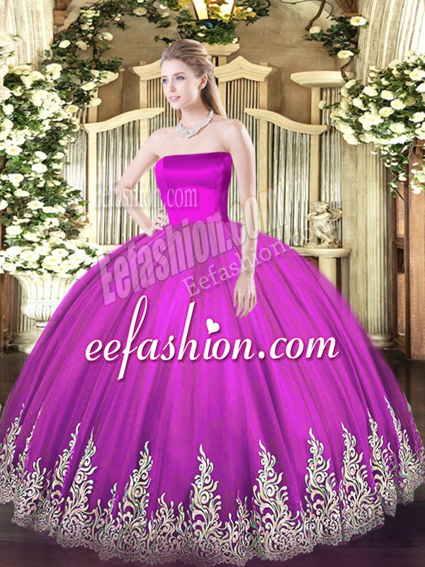 Comfortable Floor Length Zipper Sweet 16 Dresses Fuchsia for Military Ball and Sweet 16 and Quinceanera with Appliques