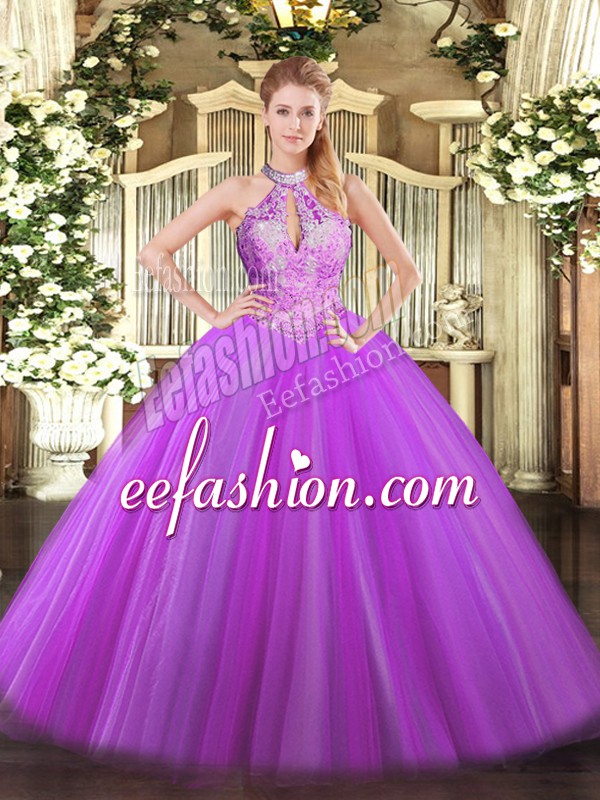  Floor Length Purple Quinceanera Gown Halter Top Sleeveless Lace Up