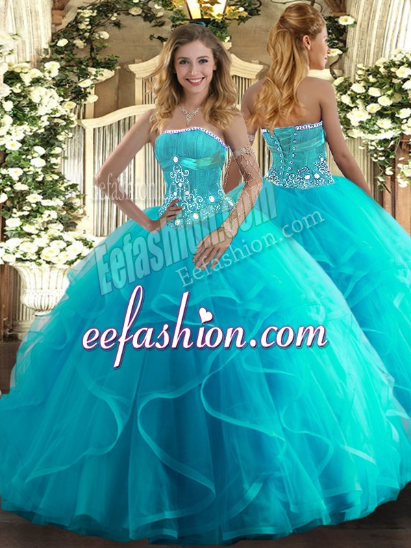 Sweet Sleeveless Floor Length Beading and Ruffles Lace Up Quinceanera Dress with Aqua Blue