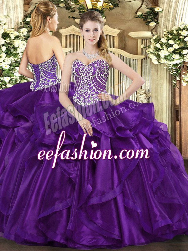  Sleeveless Organza Floor Length Lace Up Ball Gown Prom Dress in Purple with Beading and Ruffles