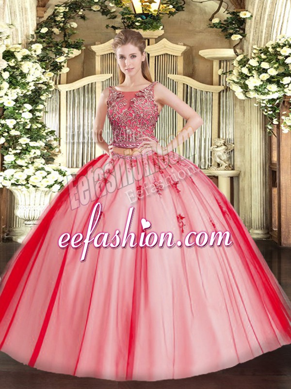  Scoop Sleeveless Quinceanera Gown Floor Length Beading and Appliques Coral Red Tulle
