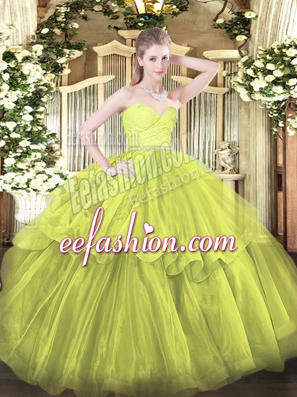 Vintage Zipper Quinceanera Dress Olive Green for Military Ball and Sweet 16 and Quinceanera with Beading and Lace and Ruffled Layers Brush Train