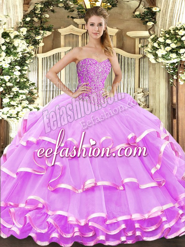  Beading and Ruffled Layers Quince Ball Gowns Lilac Lace Up Sleeveless Floor Length