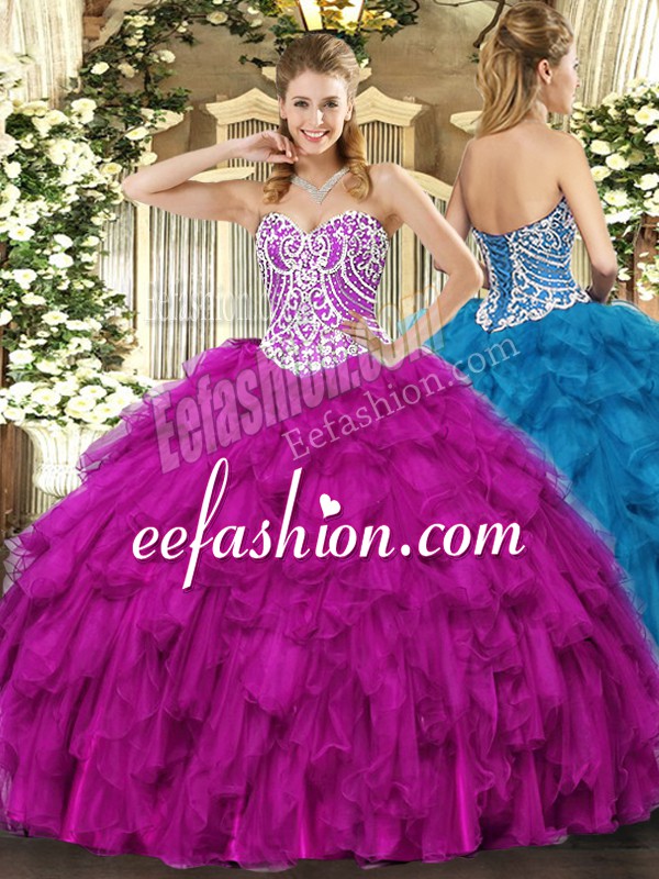 Customized Floor Length Fuchsia 15th Birthday Dress Sweetheart Sleeveless Lace Up
