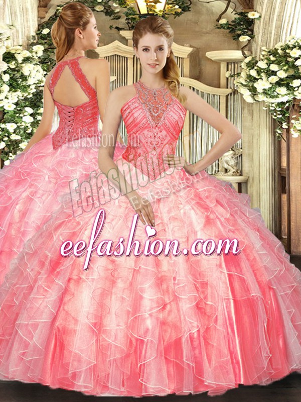 Cheap Floor Length Watermelon Red Quince Ball Gowns High-neck Sleeveless Lace Up
