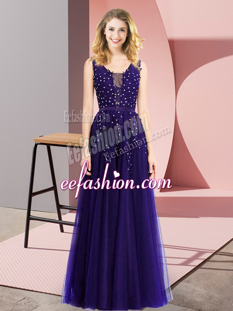  Tulle Square Sleeveless Backless Beading and Appliques Prom Dresses in Purple
