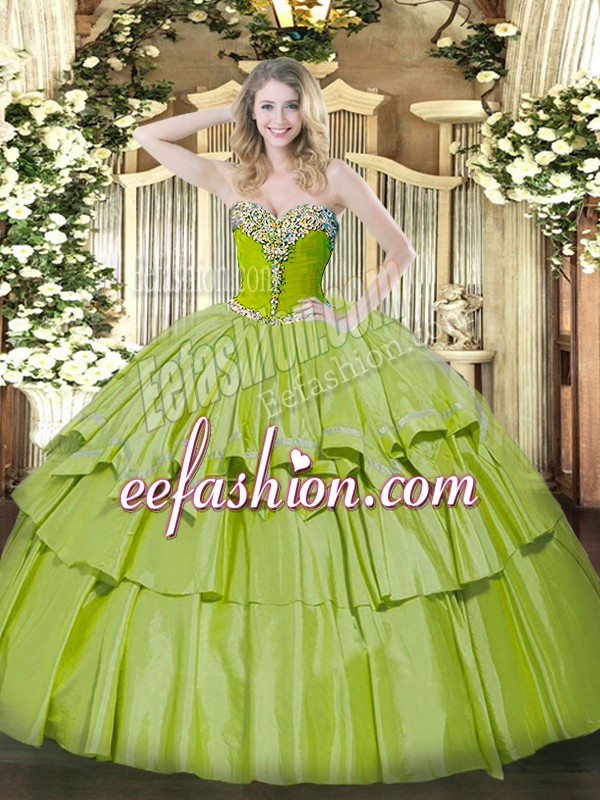  Organza and Taffeta Sweetheart Sleeveless Lace Up Beading and Ruffled Layers Quinceanera Gowns in Olive Green