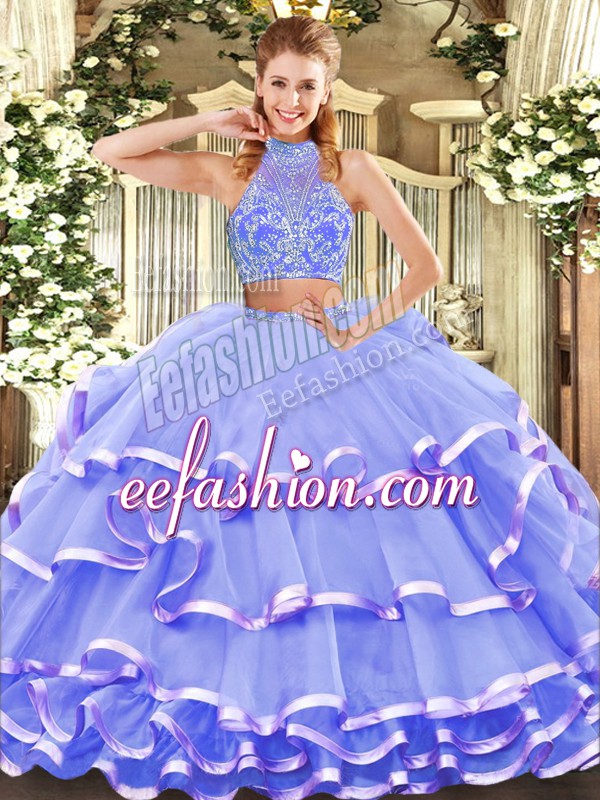  Sleeveless Tulle Floor Length Criss Cross Quinceanera Dress in Lavender with Beading and Ruffled Layers