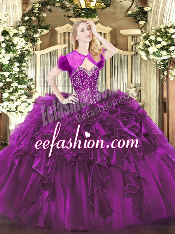 Top Selling Purple Ball Gowns Sweetheart Sleeveless Organza Floor Length Lace Up Beading and Ruffles Sweet 16 Quinceanera Dress