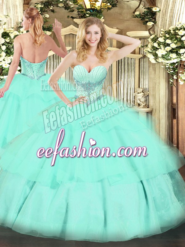 Eye-catching Beading and Ruffled Layers Quinceanera Gowns Apple Green Lace Up Sleeveless Floor Length