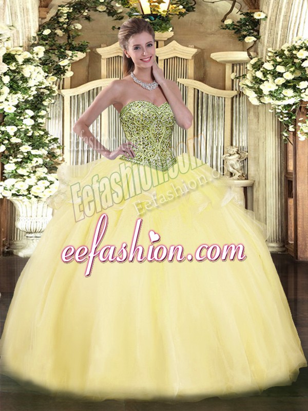 Gorgeous Sweetheart Sleeveless Lace Up Quinceanera Dresses Light Yellow Tulle