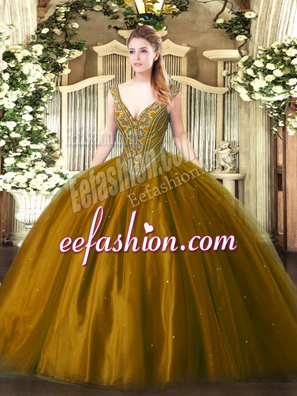  Ball Gowns Sweet 16 Quinceanera Dress Brown V-neck Tulle Sleeveless Floor Length Lace Up