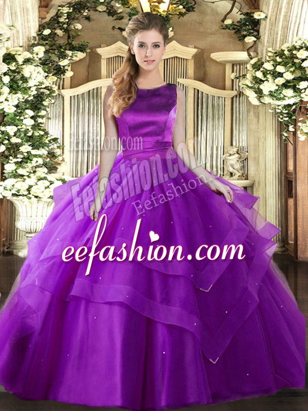  Ruffled Layers Quinceanera Dresses Eggplant Purple Lace Up Sleeveless Floor Length