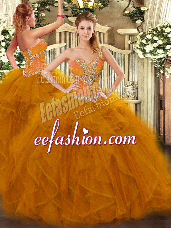 Smart Brown Vestidos de Quinceanera Sweet 16 and Quinceanera with Beading and Ruffles Sweetheart Sleeveless Lace Up
