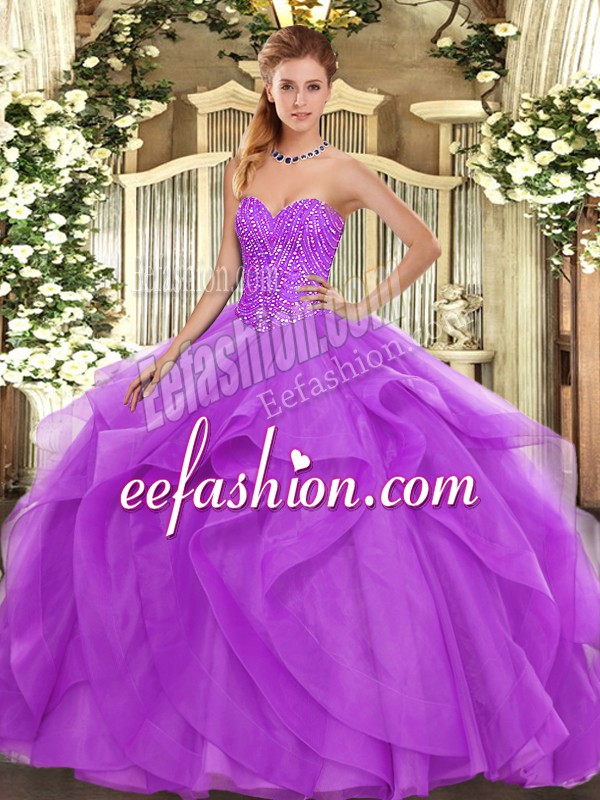 Shining Floor Length Lace Up Quinceanera Gowns Lilac for Military Ball and Sweet 16 and Quinceanera with Beading and Ruffles