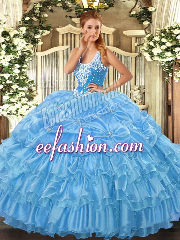  Sleeveless Organza Floor Length Lace Up Quince Ball Gowns in Baby Blue with Beading and Ruffled Layers and Pick Ups