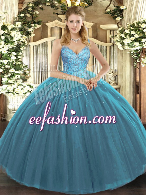  Teal Ball Gowns Tulle V-neck Sleeveless Beading Floor Length Lace Up Quinceanera Dresses