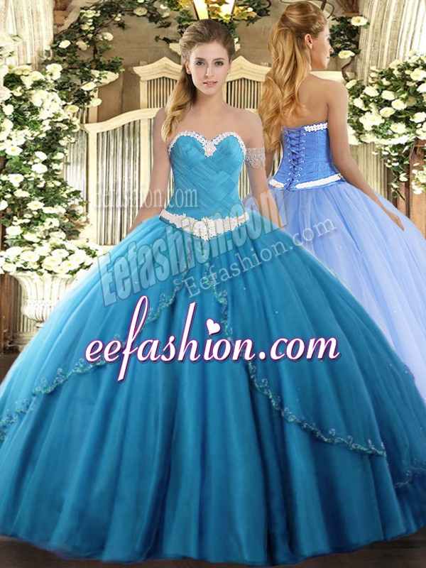 Super Baby Blue Tulle Lace Up Sweetheart Sleeveless Quinceanera Dress Brush Train Appliques