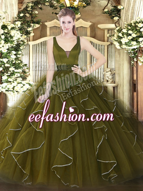  Olive Green Ball Gowns Straps Sleeveless Tulle Floor Length Zipper Beading and Ruffles Quince Ball Gowns