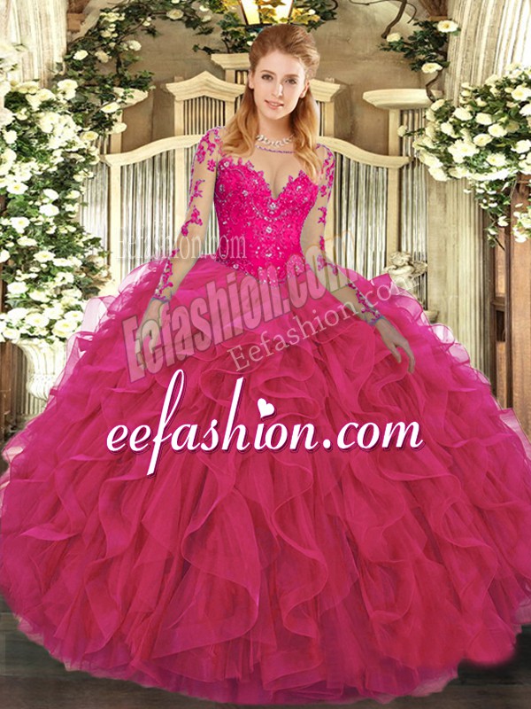  Hot Pink Sweet 16 Quinceanera Dress Military Ball and Sweet 16 and Quinceanera with Lace and Ruffles Scoop Long Sleeves Lace Up