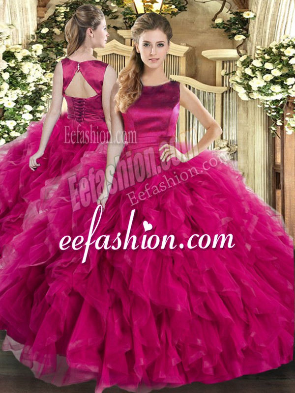 Adorable Floor Length Fuchsia Quinceanera Dresses Scoop Sleeveless Lace Up