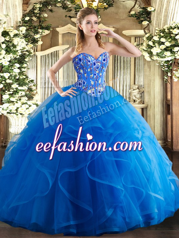  Royal Blue Lace Up Sweet 16 Quinceanera Dress Embroidery and Ruffles Sleeveless Floor Length