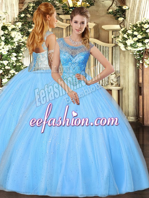 Sweet Baby Blue Ball Gowns Tulle Scoop Sleeveless Beading Floor Length Lace Up Quinceanera Gowns