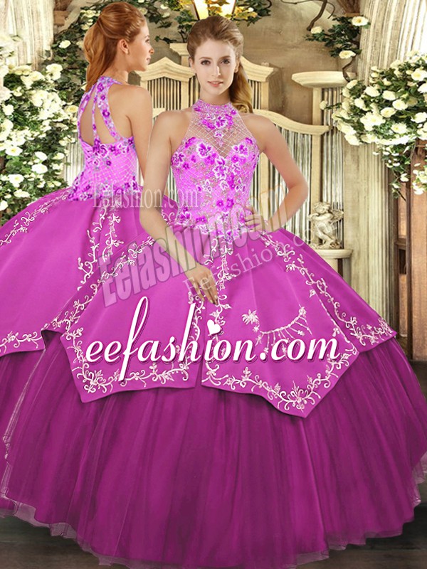  Ball Gowns Vestidos de Quinceanera Fuchsia Halter Top Satin and Tulle Sleeveless Floor Length Lace Up