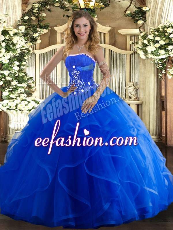 Adorable Floor Length Lace Up Quinceanera Gown Blue for Military Ball and Sweet 16 and Quinceanera with Beading and Ruffles