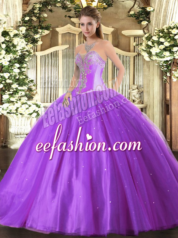 Simple Lavender Vestidos de Quinceanera Military Ball and Sweet 16 and Quinceanera with Beading Sweetheart Sleeveless Lace Up