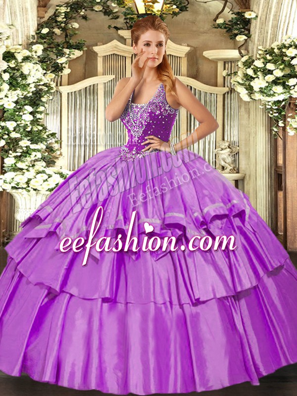 Graceful Lilac Sleeveless Organza and Taffeta Lace Up Vestidos de Quinceanera for Military Ball and Sweet 16 and Quinceanera