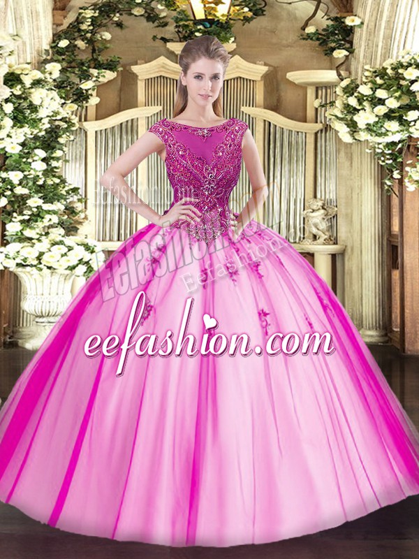  Fuchsia Ball Gowns Beading and Appliques 15 Quinceanera Dress Lace Up Tulle Cap Sleeves Floor Length