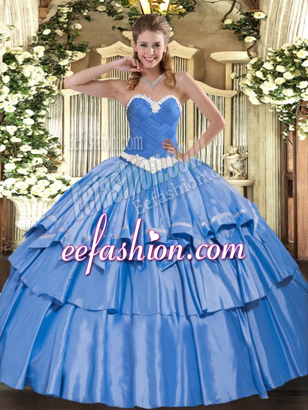 Super Organza and Taffeta Sweetheart Sleeveless Lace Up Appliques and Ruffled Layers Quinceanera Gown in Blue