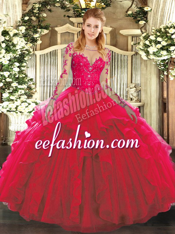 Lovely Long Sleeves Floor Length Lace and Ruffles Lace Up Ball Gown Prom Dress with Red