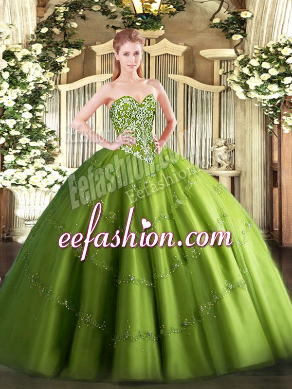  Ball Gowns Quinceanera Dress Olive Green Sweetheart Tulle Sleeveless Floor Length Lace Up