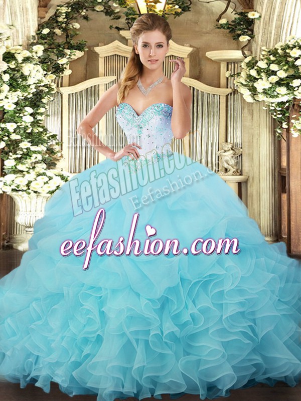Stunning Aqua Blue Ball Gowns Organza Sweetheart Sleeveless Beading and Ruffles and Pick Ups Floor Length Lace Up Sweet 16 Quinceanera Dress