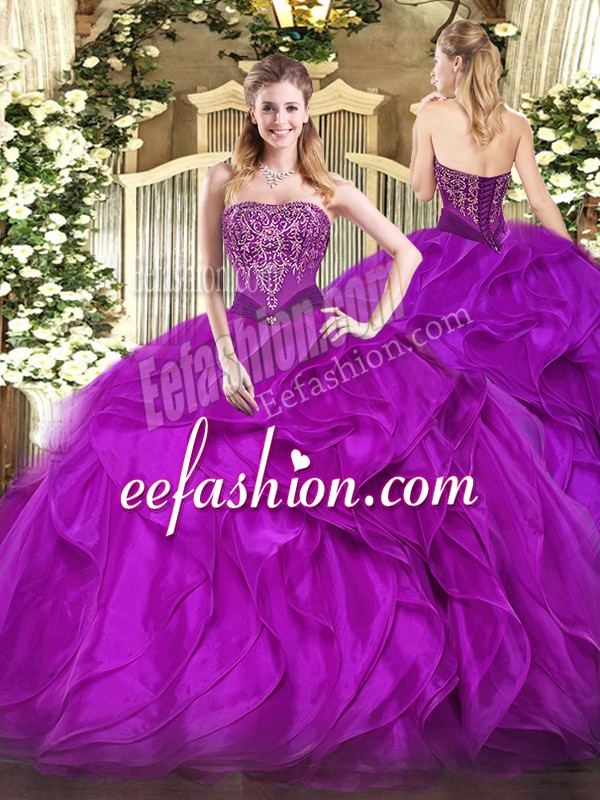  Organza Strapless Sleeveless Lace Up Beading and Ruffles 15th Birthday Dress in Purple