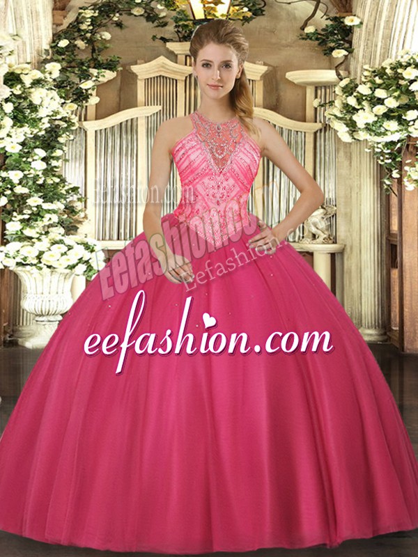 Nice High-neck Sleeveless Tulle Quinceanera Dress Beading Lace Up