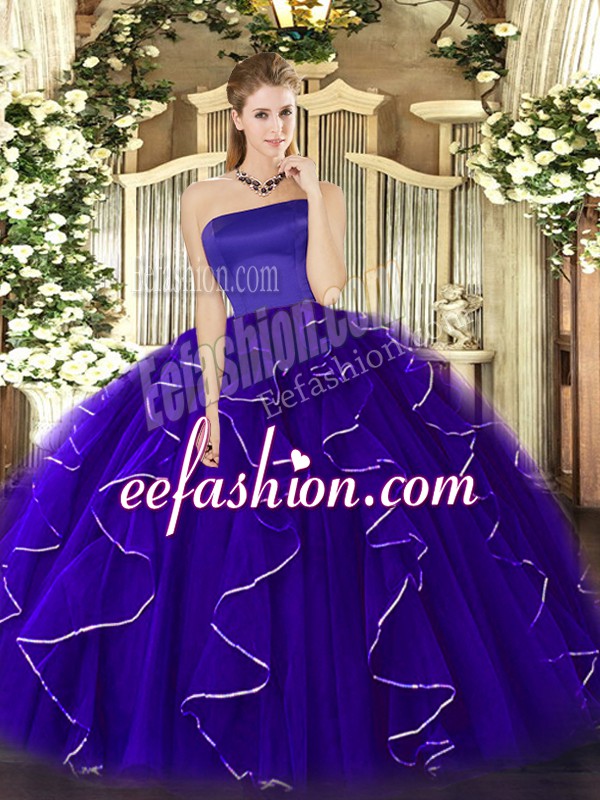 Luxurious Ball Gowns 15 Quinceanera Dress Blue Strapless Tulle Sleeveless Floor Length Zipper