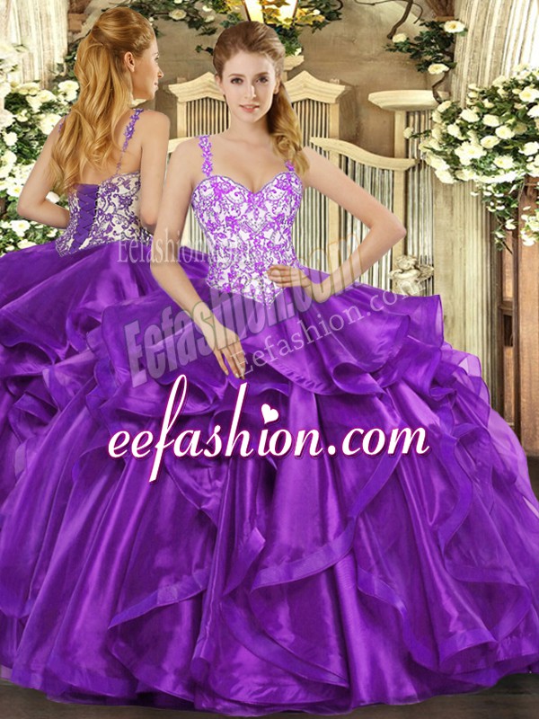 Fashionable Straps Sleeveless Lace Up Sweet 16 Quinceanera Dress Eggplant Purple Organza