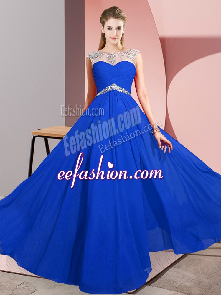 Fashionable Empire Evening Dress Royal Blue Scoop Chiffon Sleeveless Floor Length Clasp Handle